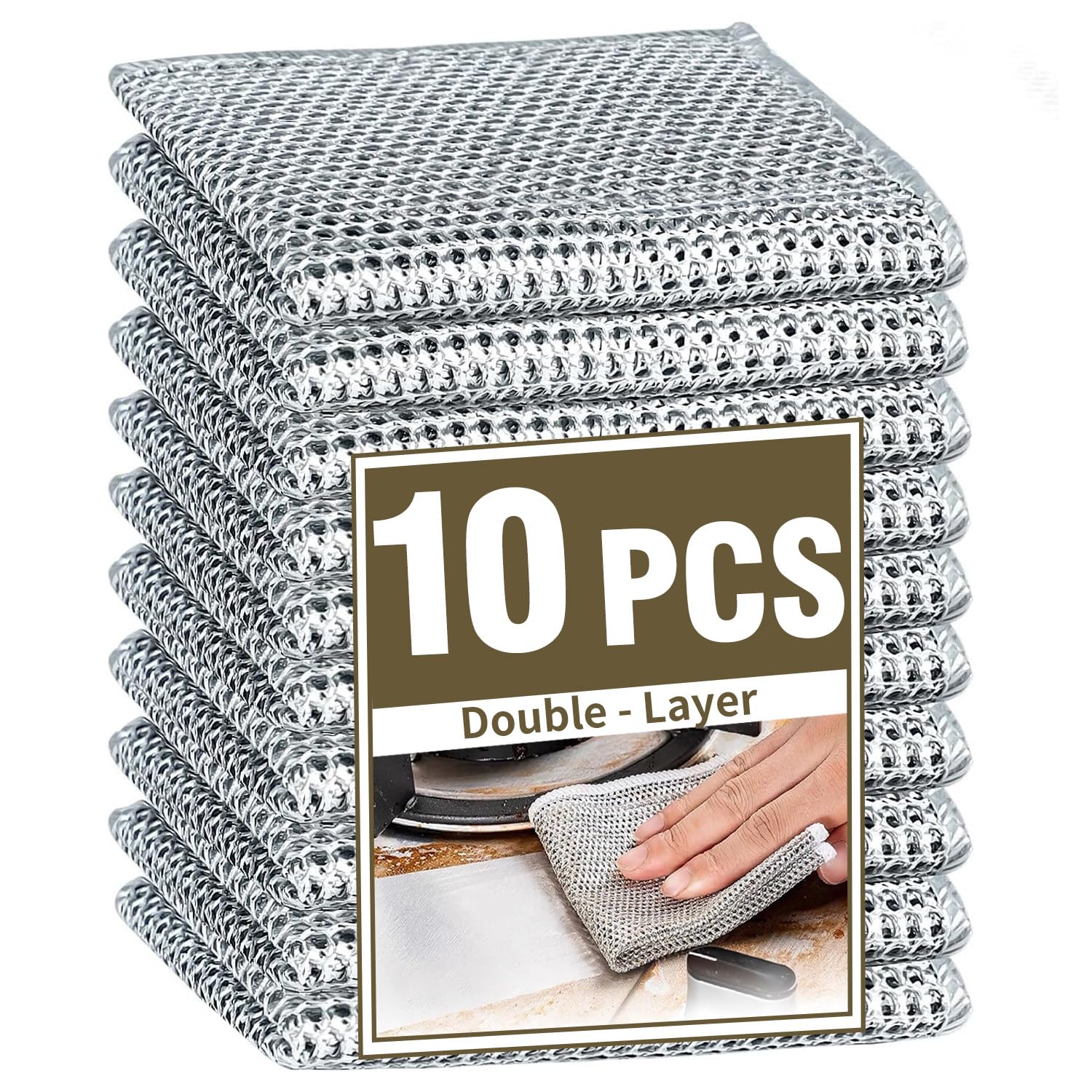 10 Pcs Wire Dishwashing Rags - Non-Scratch & Easy to Clean - Multipurpose Cleaning Cloths for Wet and Dry - Wire Dishcloths for Stubborn Scrubbing - Scratch Resistance, Small, Silver