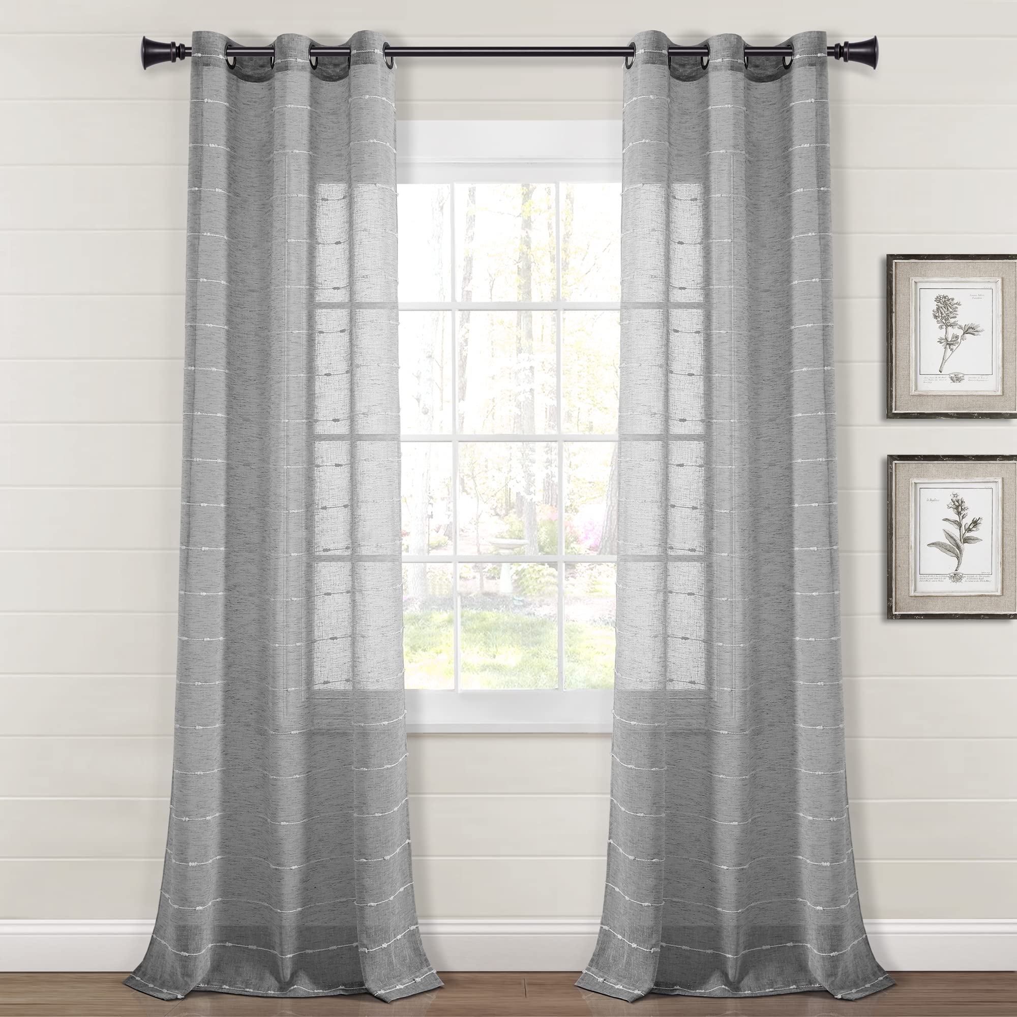Lush Decor Farmhouse Textured Grommet Sheer Window Curtain Panel Pair, 38" W x 108" L, Dark Gray