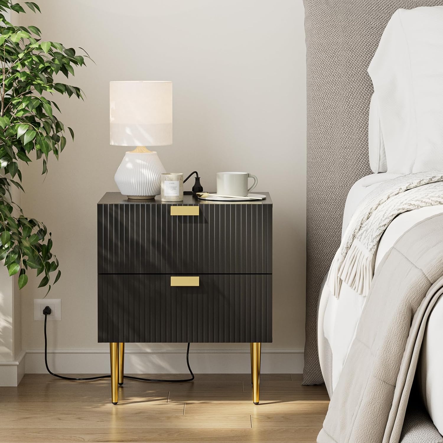 Dresser for Bedroom, Fluted Night Stand, End Table for Living Room, Mid Century Modern Bedside Table, Nightstand with Drawers (Black with Outlet, 2 Drawer) 2 Drawer Black With Outlet