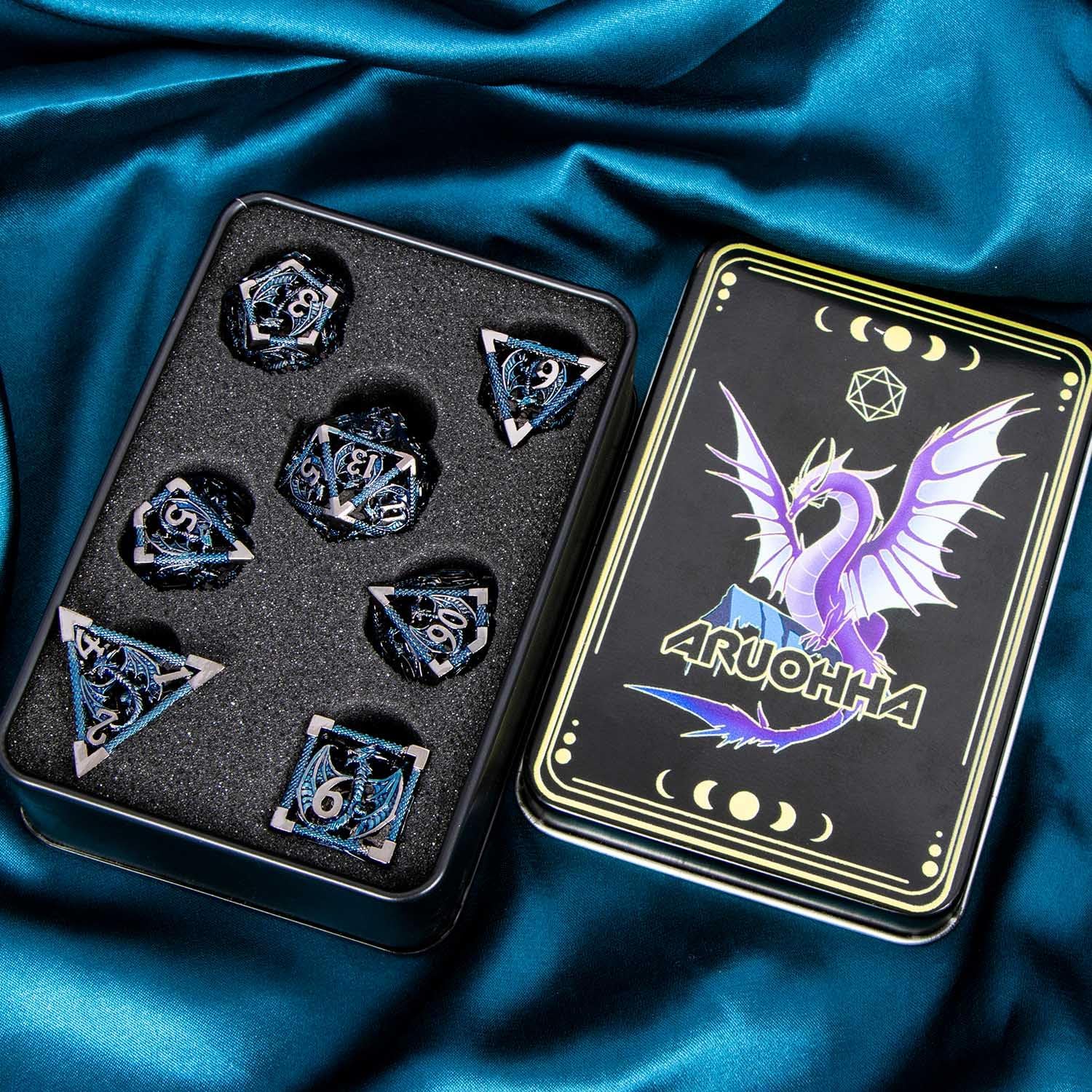 ARUOHHA Hollow DND Metal Dice Set Black Blue Dragons D and D Dice with Gift Box, Role Playing Games Dungeons Polyhedral Dice D20 D12 D10 D8 D6 D4