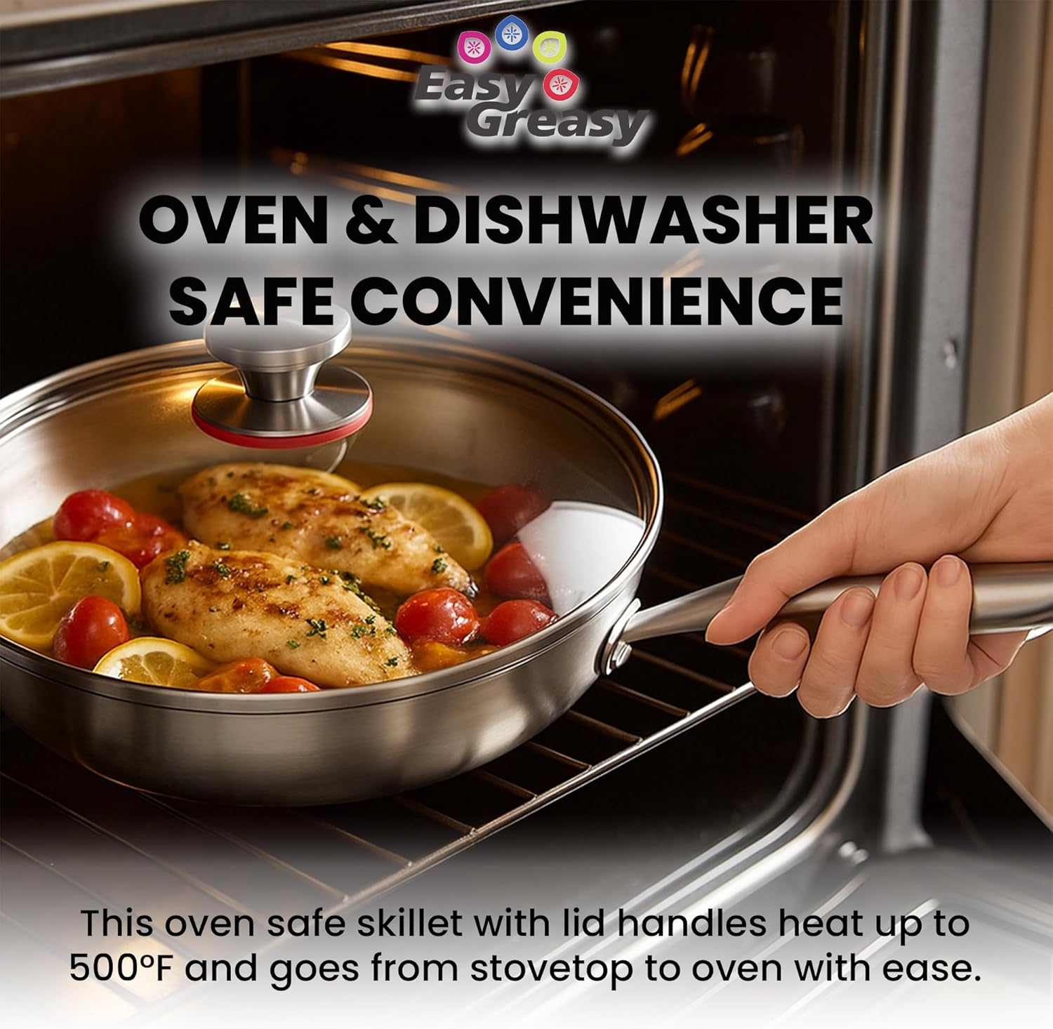 12 Inch Stainless Steel Skillet with Lid - Durable Frying Pan Ergonomic Handle - Oven Safe, Easy to Clean, & Scratch-Resistant Saute Pan
