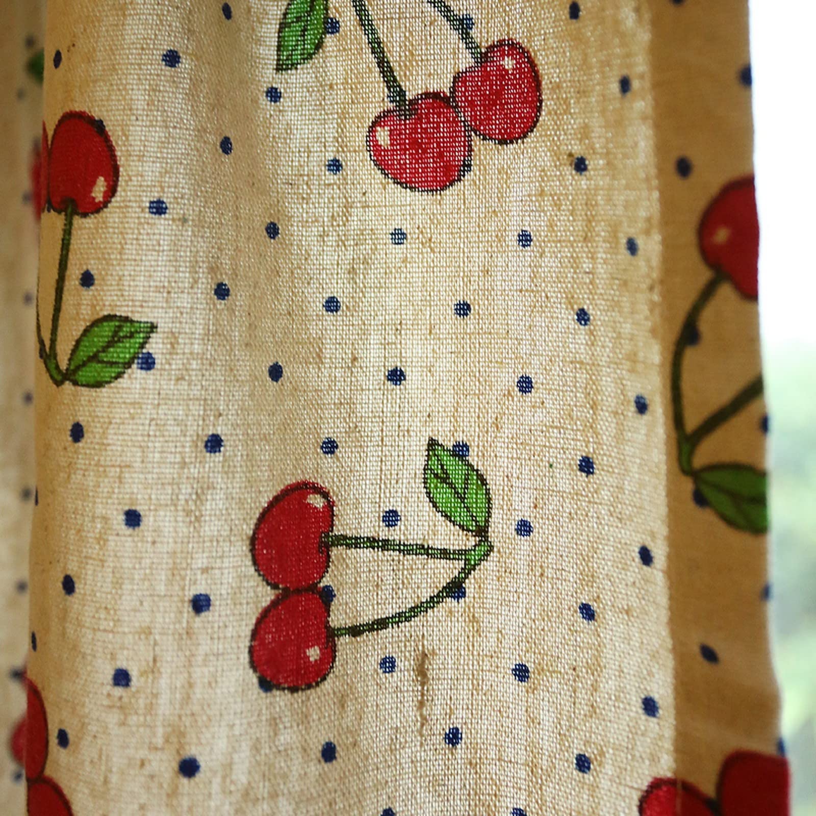A.Monamour Rideau de Cuisine Court pour Petit Fenêtre 2 Coton Lin Motif Cerise avec Dentelle Rideau Brise-bise Rideaux à Disques Cantonnières Demi Rideau Passe-Tringle pour Bistro Café