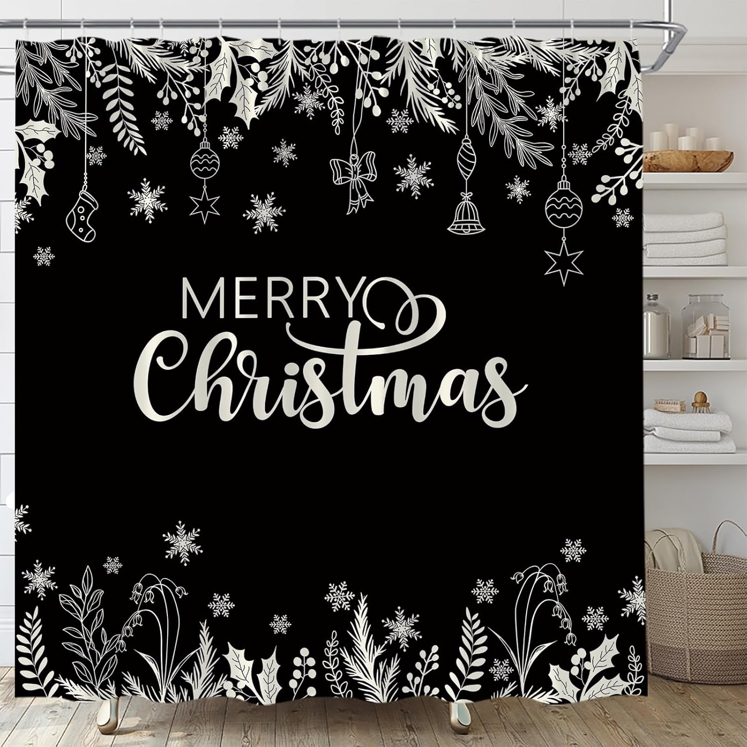 Merry Christmas Shower Curtain Green Holly Winter Snowflake Xmas Ball Bow Holiday New Year Bathroom Curtain Fabric with Hooks(84" Wx70 H)