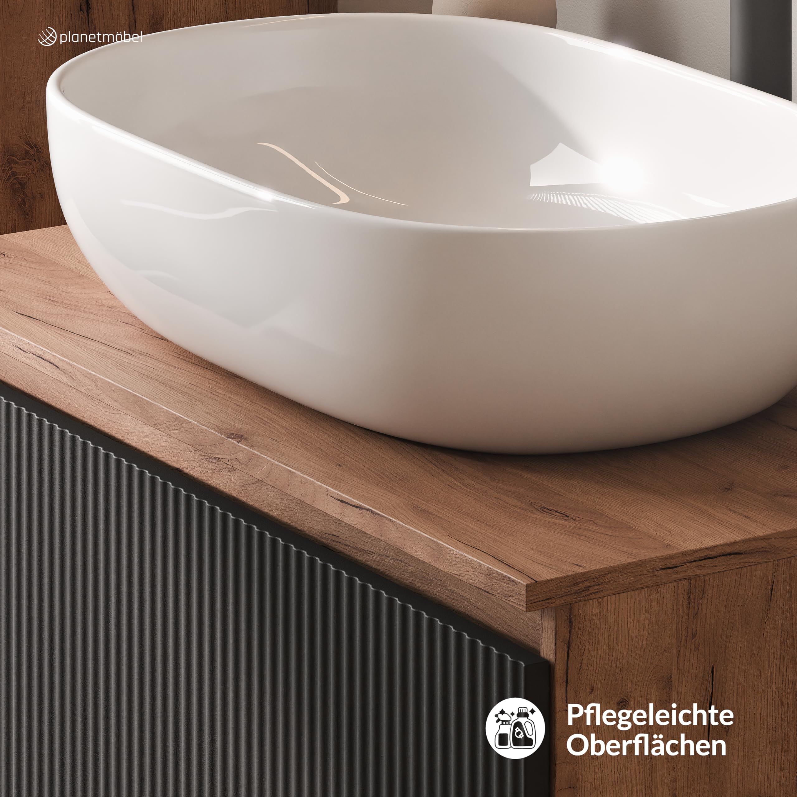 Planetmöbel Arisa Juego de muebles de baño con lavabo de 80 cm en roble dorado negro (estriado), lavabo de 60 cm en blanco, con sifón de ahorro de espacio
