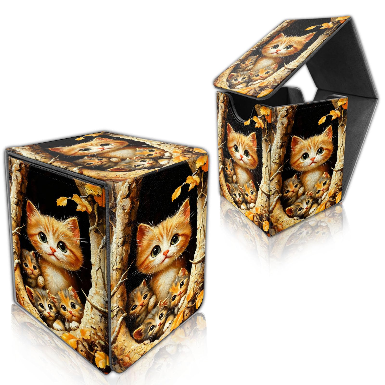 DISUOFEART for MTG Deck Box, Trading Card Storage Case Holds 100+ Sleeved Cards, Kittens in Tree Hollow with Autumn Leaves Magnetic Closure Durable Deck Holder for Magic The Gathering, TCG & Commander