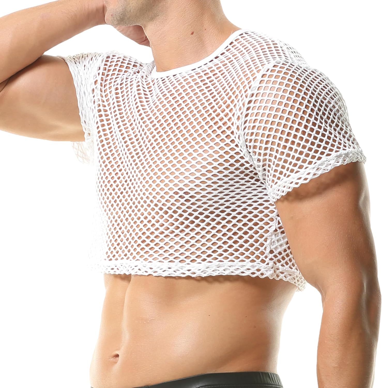 QiaTi Men's Fishnet Shirts Mesh Crop Top See Through Round Neck Short Sleeve Sexy Muscle Tee for Men - Image 2