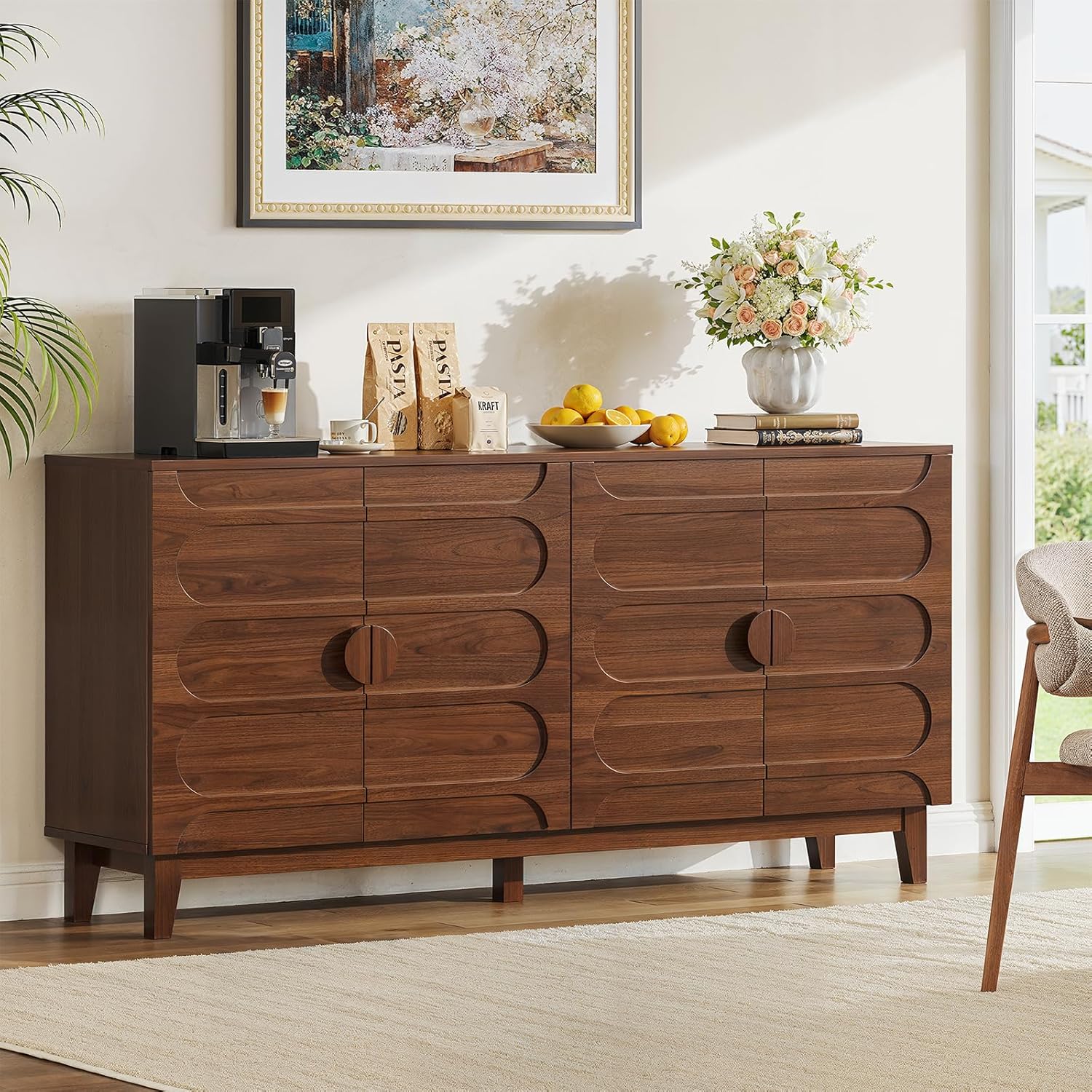 ONBRILL 63" Sideboard Buffet Cabinet with Storage, Large Buffet Cabinet with 4 Circular Panel Design Doors and Adjustable Shelves, Modern Sideboard for Living Room, Kitchen (Walnut)