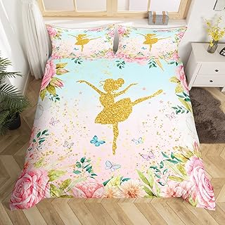 Feelyou Ballet Bedding Set Rose Floral Ballet Dance Comforter Cover for Kids Boys Girls Graceful Dancer Decor Duvet Cover Dreamy Girly Bedspread Cover Room Decor Quilt Cover Queen Size