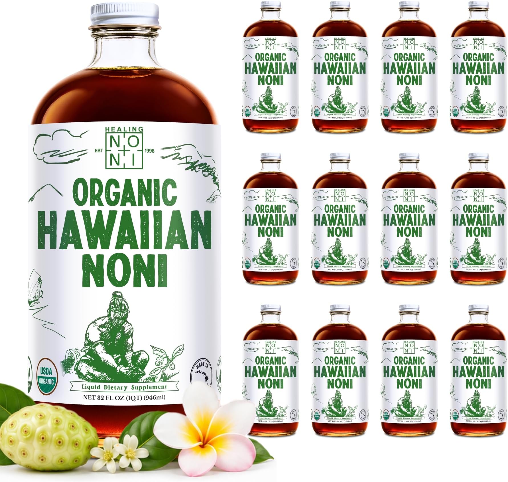 Hawaiian Pure Noni Juice, Authentic Aged Noni Fruit Juice, 12x 32oz Bottles | High Potency Antioxidant Superfood Supporting Energy & Body Health, Daily Wellness Drink, 32oz Bottle - Organic