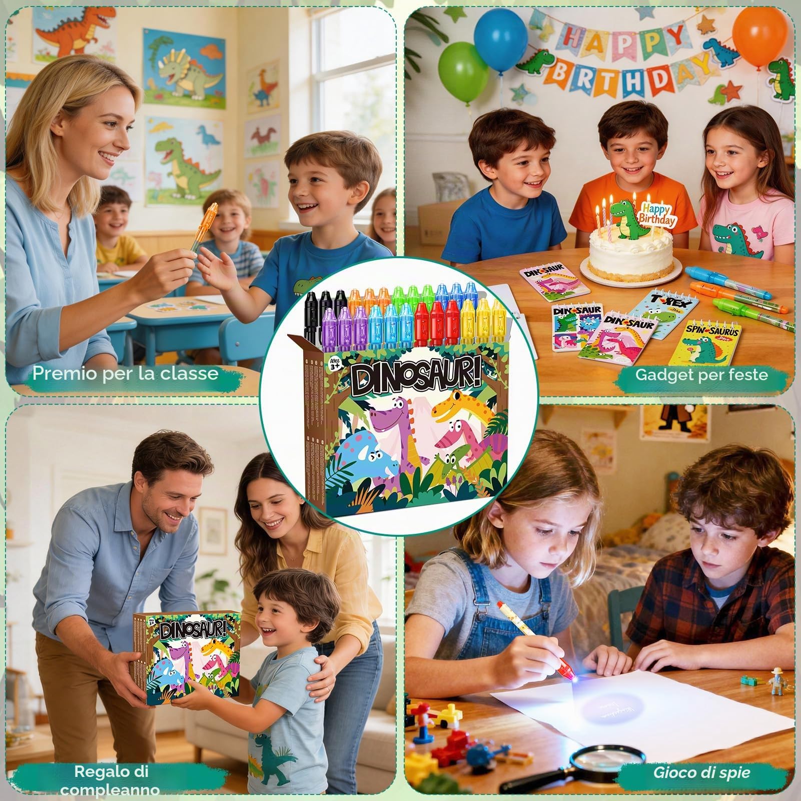 Toyssa 48 Pezzi Gadget Compleanno Bambini con Penna Invisibile & Taccuino, Regalini Fine Festa Compleanno per Bambini, Gadget Pignatta Bambino Bambina (Dinosauro)