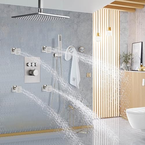 Miniatura 124 de Chorros de ducha cuadrados de oro cepillado con control de flujo y giratorio, chorros de masaje de agua ajustables de latón macizo, montaje en pared