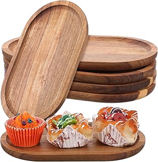6 Pcs Wood Serving Board Bulk, 10 Inch Long Wooden Charcuterie Boards Oval Acacia Wood Serving Platters and Trays Small Cheese Board for Kitchen Food Bread Dessert Appetizer