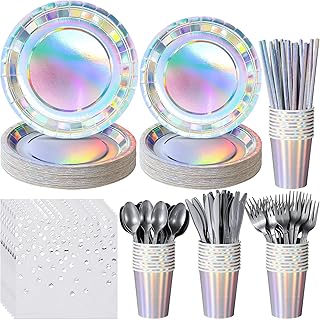 Iridescent Party Supplies Decorations, Holographic Paper Plates and Napkins Set, Disposable Iridescent Paper Plates Cups Knives Spoons Fork Straw for Unicorn Mermaid Birthday Wedding Party, Serve 25