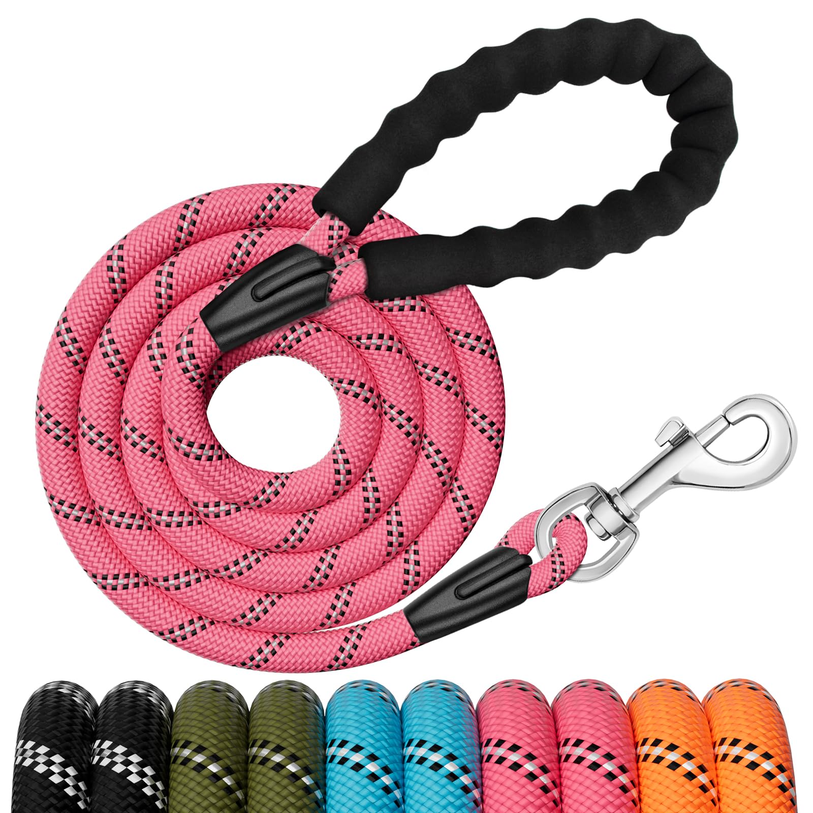 6FT Dog Leash, 1.8m Strong Rope line Dog Lead Leash with Soft Padded Handle and Heavy Duty Hook, Reflective Recall Training Leads for Large Medium Small Dog, Pink - 1.8M - Pink