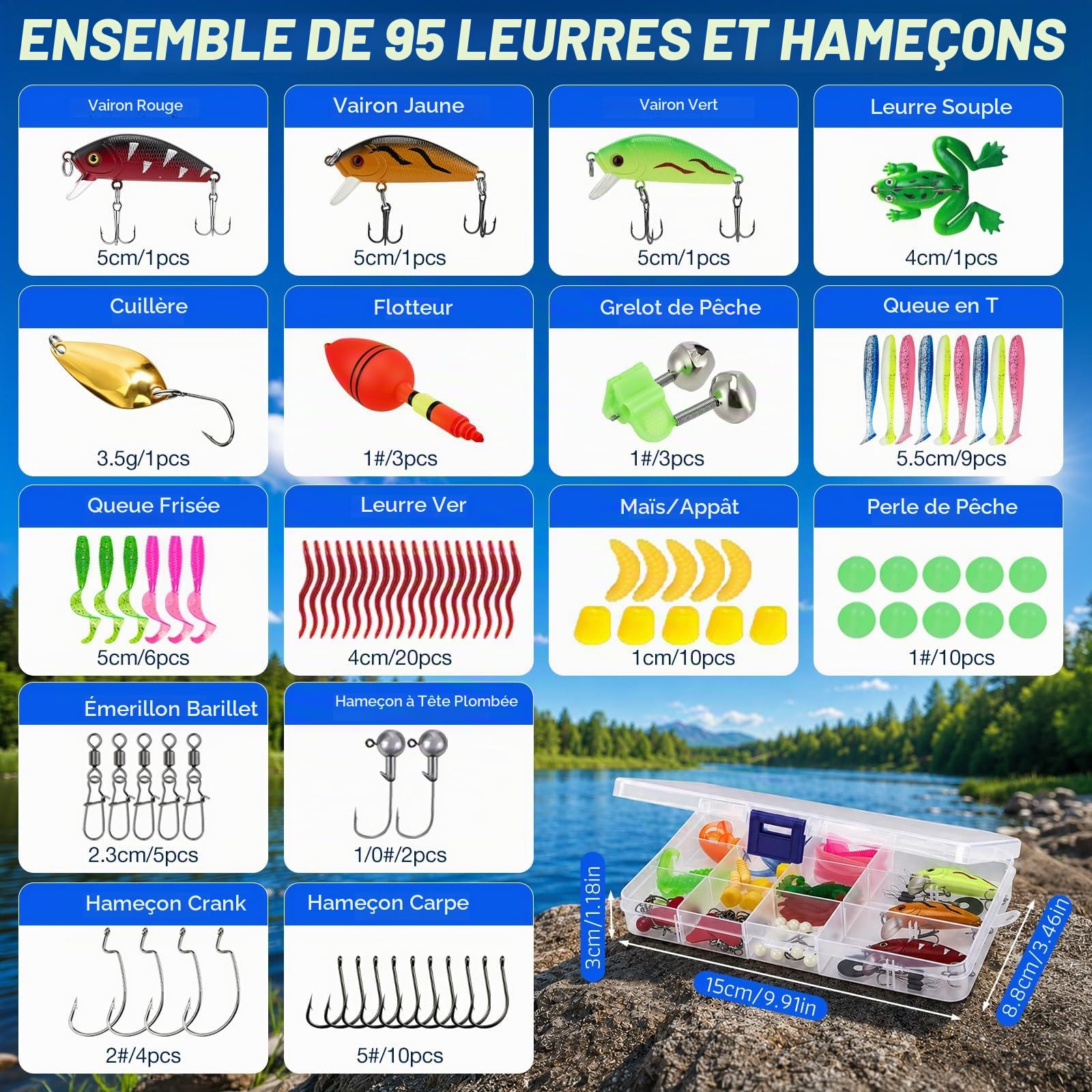 Lot de 3 cannes à pêche télescopiques pour enfants - Avec moulinet 5.2:1 - Accessoires - Boîte à appâts - Sac de transport - Kit de démarrage pour débutant - Pour eau douce et eau salée - 1,8 m