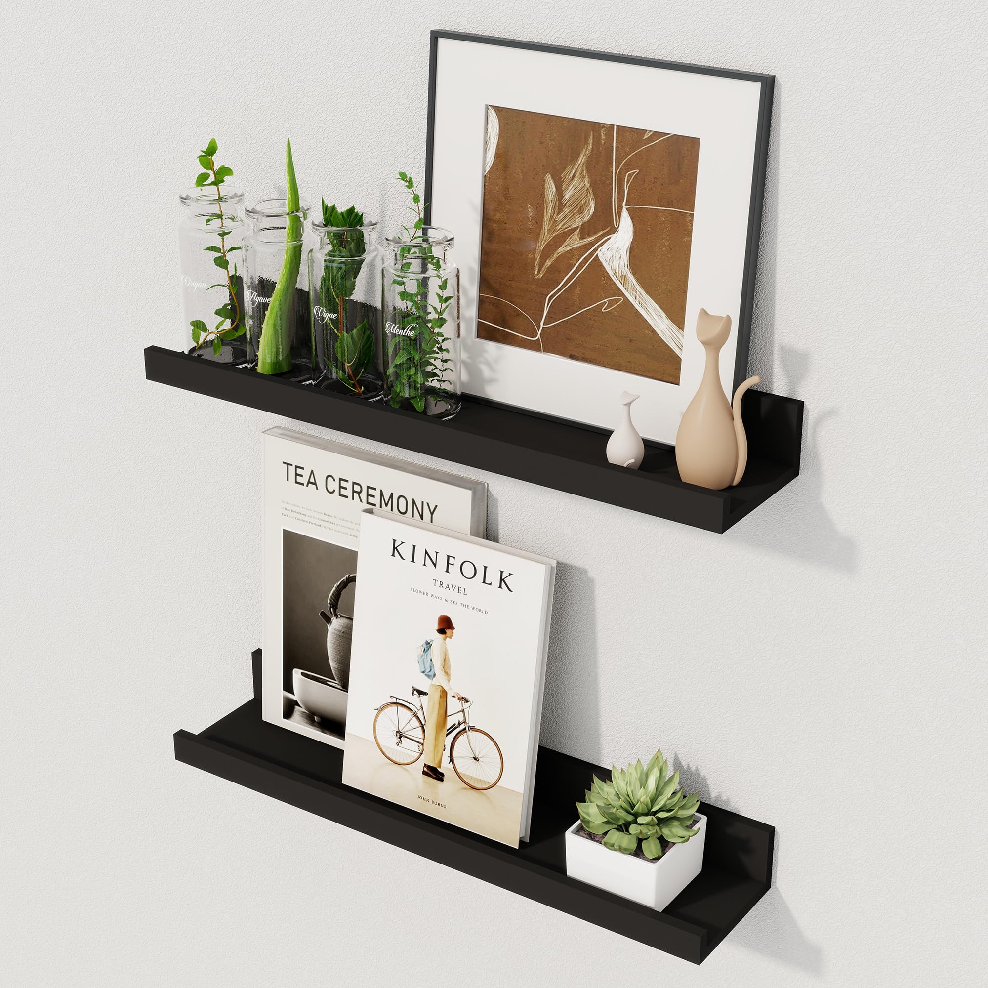 Axeman Floating Shelves, 40 cm Black Picture Shelf Set of 2, Wood Wall Mounted Shelves with Lip, Floating Shelves with Ledge for Pictures, Nursery Books, Paintings, Artworks — image 1