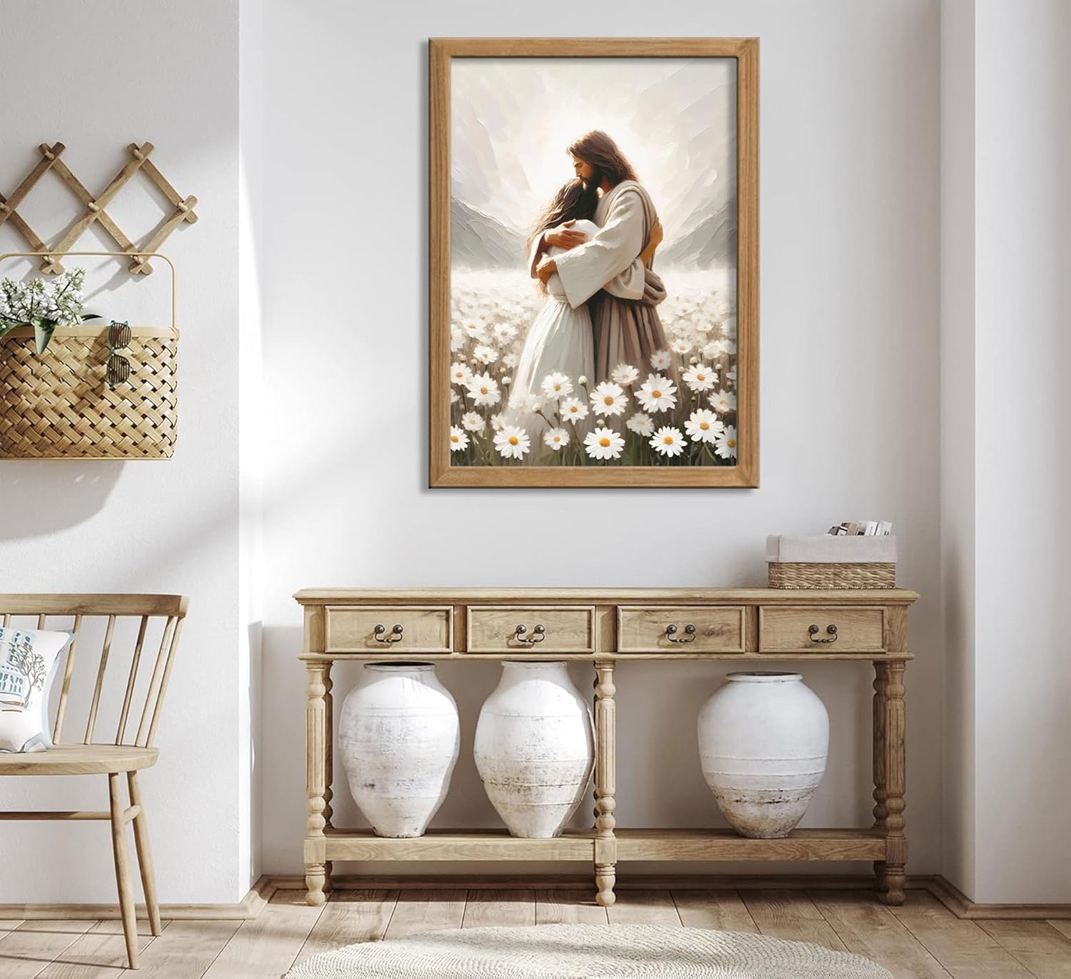 Jesus Hugging Girl Canvas Wall Art Jesus Embracing Woman Wall Decor Modern Christian Healing Embrace Mormon Prints Posters Christian Bible Painting for Bedroom Living Prayer Room 12x16 in Wood Framed - Image 5