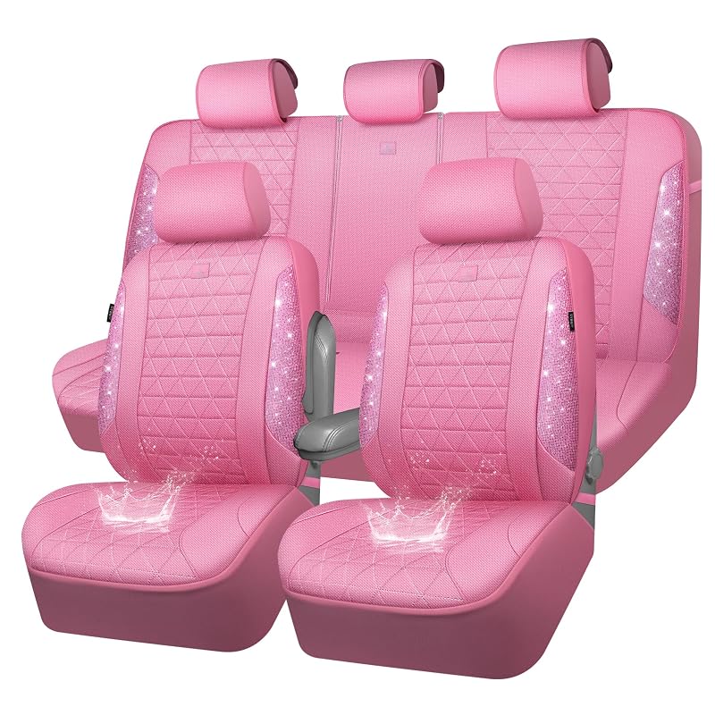 Kit de Capas para Bancos Automotivos CAR PASS Rosa com Strass, Tecido Oxford, Encosto de Braço e Compatibilidade com Airbag