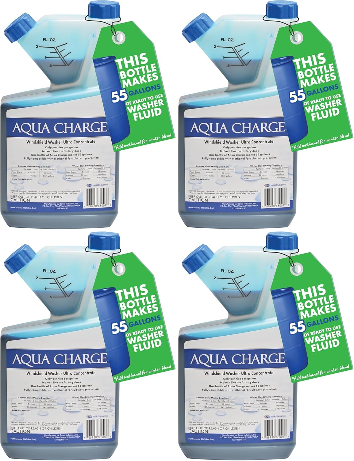 Sanco Industries Aqua Charge - Windshield Washer Fluid Ultra Concentrate, 1 Bottle Makes 55 Gallons - 32 Ounces (Pack of 4)