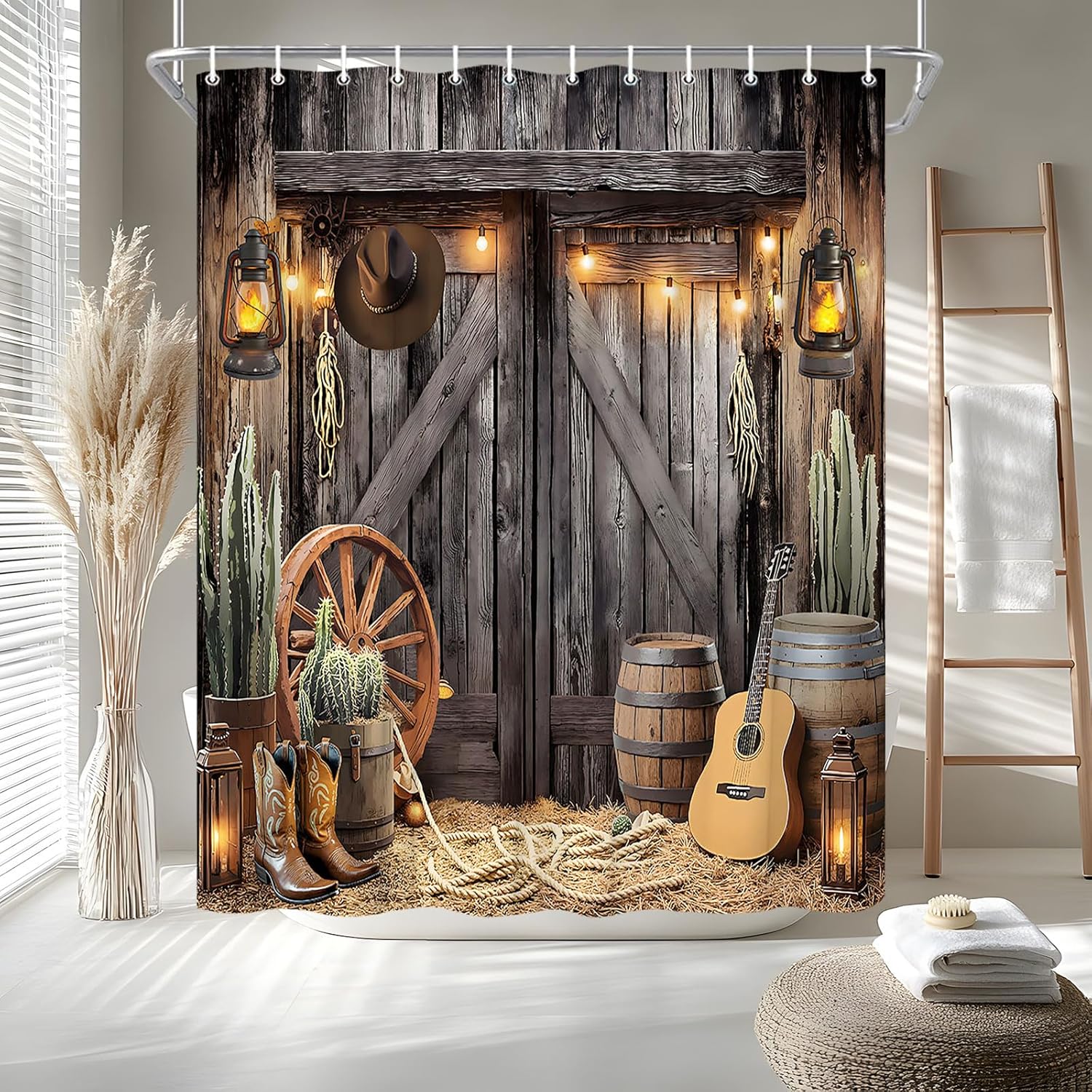 Western Cowboy Shower Curtain Farmhouse Barn Door Tropical Cactus Country Ranch Cowboy Boots Hat Lamp Guitar Rustic Wooden Board Bath Curtain Fabric Bathroom Accessories Decor with Hooks 90W x70L