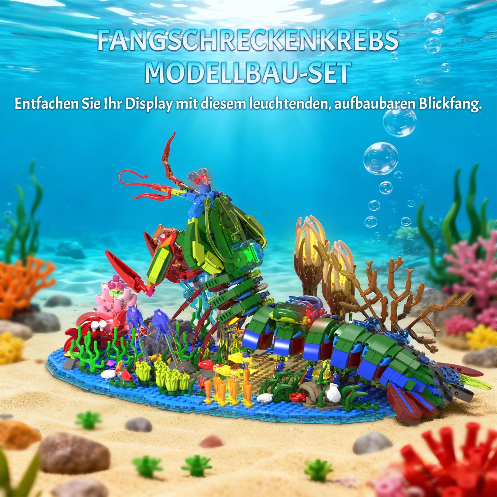 Mechanische Gottesanbeterin Garnele Bausteine Set,Meerestiere Bauspielzeug mit Miniatur Unterwasserlandschaft und LED Beleuchtung,DIY Modellbausatz für Erwachsene und Jugendliche（1843 Stück）