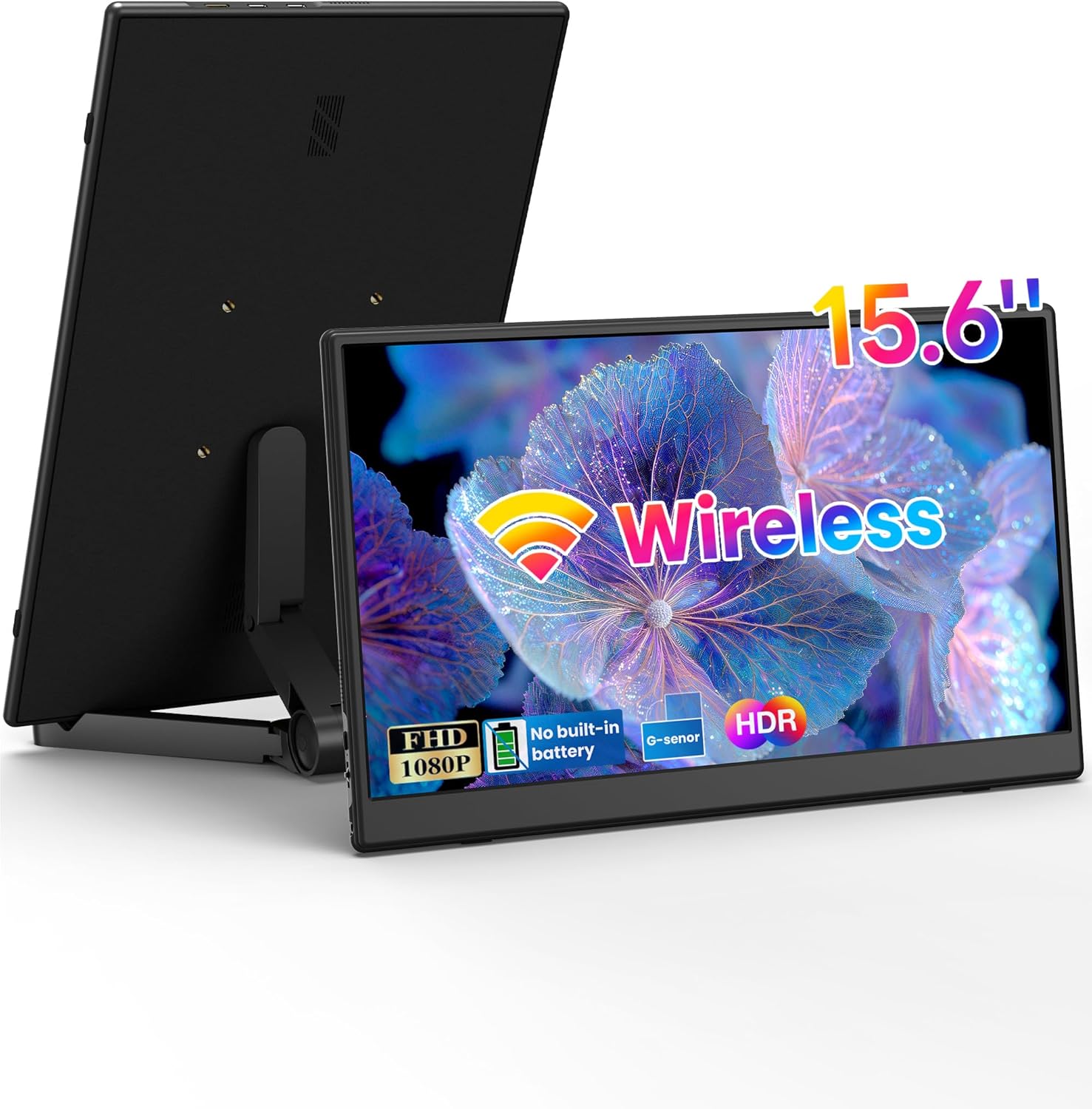 15.6" Wireless Portable Monitor, FHD 1080P IPS Travel Monitor for Laptop, Built-in G-Sensor, Type-C & HDMI, Foldable Stand, PU Protective Case, VESA Mount, Blue Light Protection