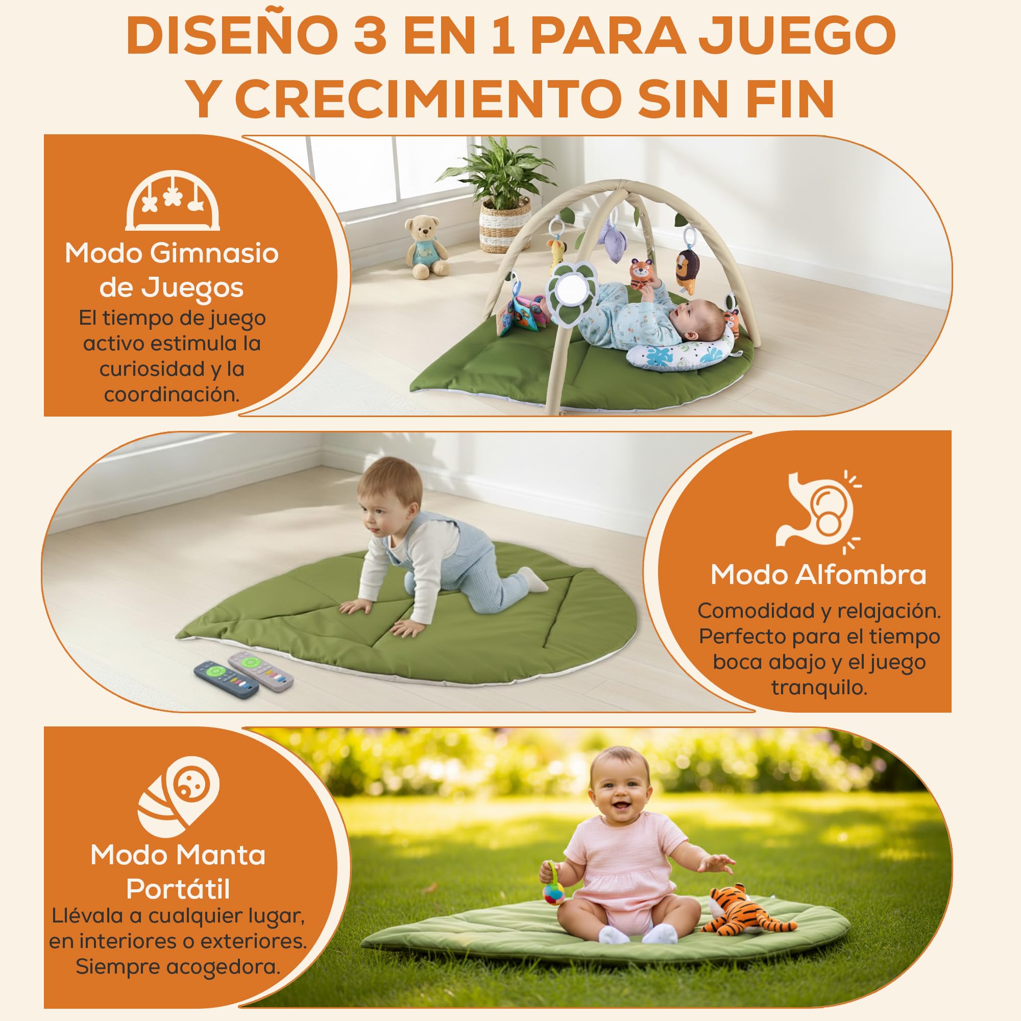 Gimnasio Bebé, Tapete de Actividades y Alfombra de Juegos Acolchada Lavable | Lavable a máquina, arco con 6 juguetes sensoriales desmontables, 2 mordedores, tummy time y uso de 0 a 12 meses