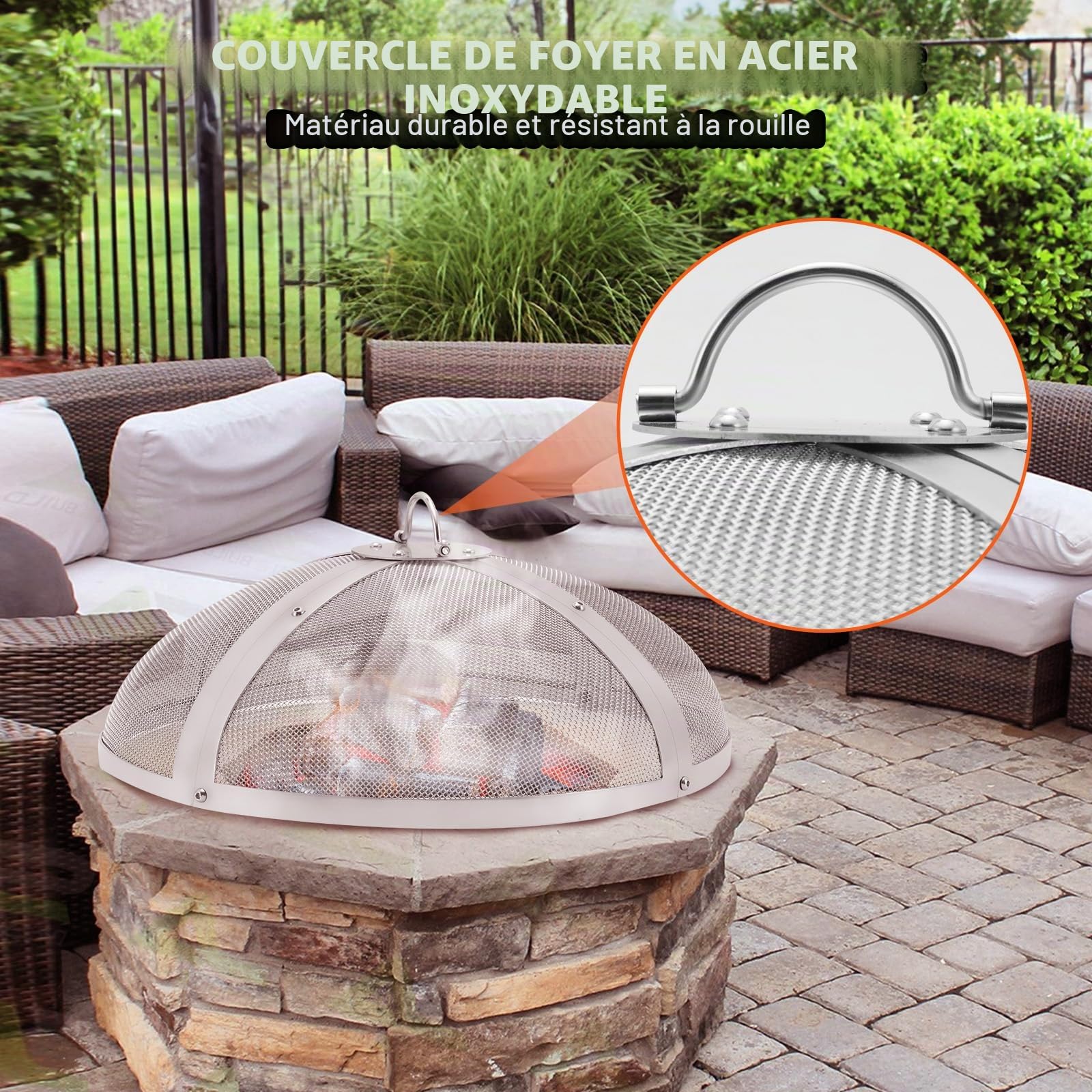 VEVOR Pare-étincelles pour Brasero Extérieur Rond 508 mm Couvercle Grille de Protection Contre Étincelles de Feu en Acier INOX Écran Pare-feu Ouverture Facile avec Accessoires pour Foyer, Patio, Cour