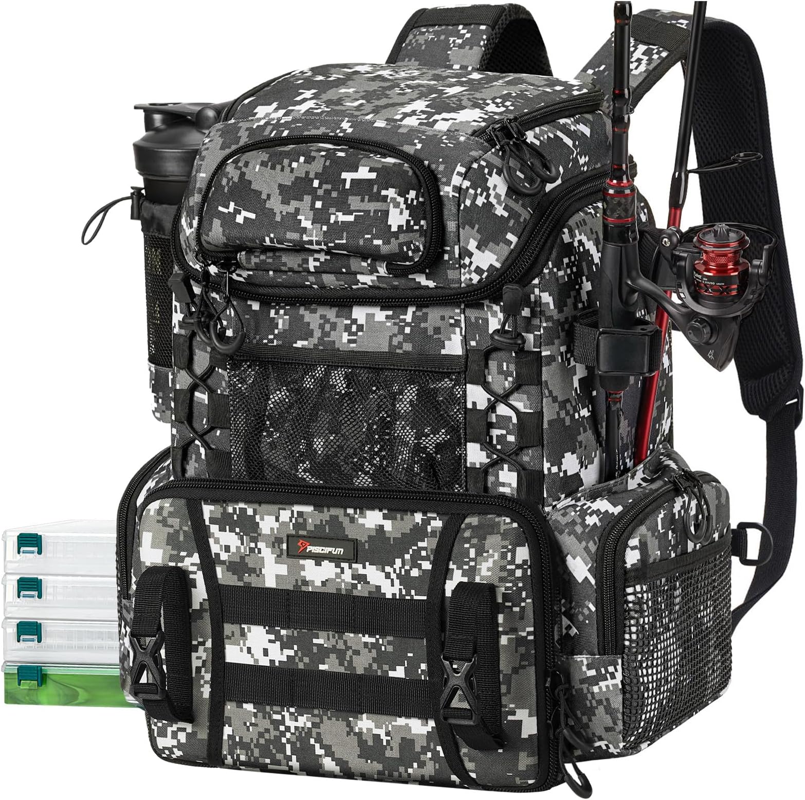 Piscifun Fishing Tackle Backpack with Rod Holders & 4 Tackle Boxes, 42L Outdoor Fishing Bag with Waterproof Rain Cover