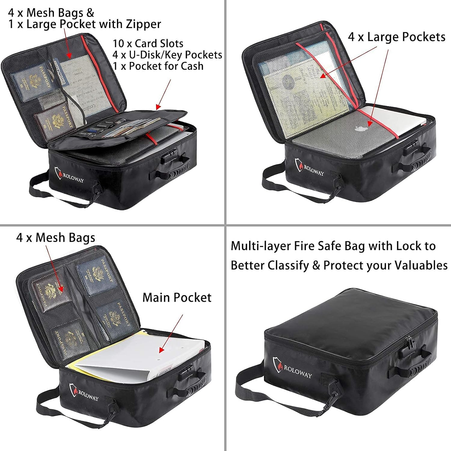 ROLOWAY Fireproof Document Bag (17 x 11.8 x 5 inch) Black with Combination Lock, Multi-Layer File Storage and Fireproof Money Bags (2-Pack)