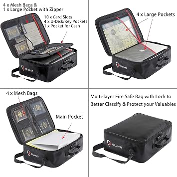 ROLOWAY Fireproof Document Bag (17 x 11.8 x 5 inch) Black with Combination Lock, Multi-Layer File Storage and Fireproof Money Bags (2-Pack)