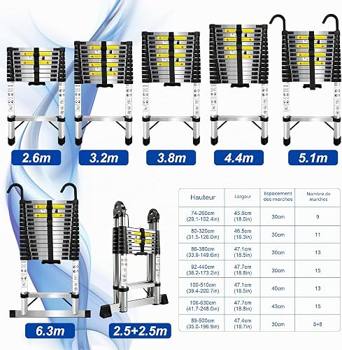 Échelle télescopique en acier inoxydable de 3,2 m - Légère et polyvalente - Pour un usage domestique - Portable et facile à ranger - Convient pour les travaux de toiture et une utilisation en - 3