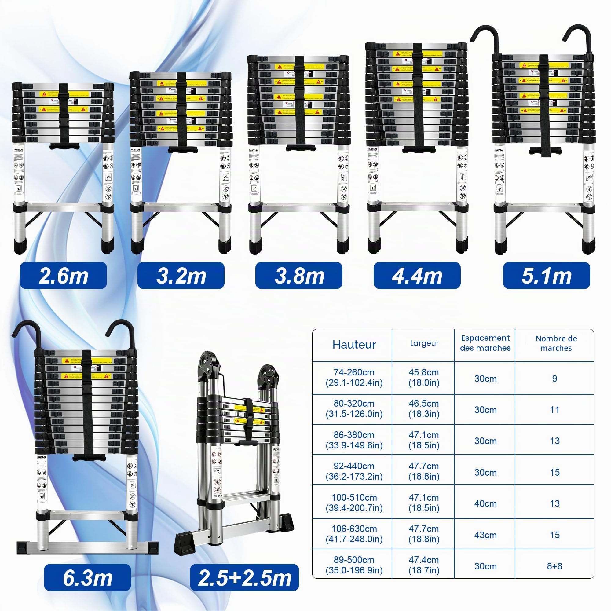 Échelle télescopique en acier inoxydable de 3,2 m - Légère et polyvalente - Pour un usage domestique - Portable et facile à ranger - Convient pour les travaux de toiture et une utilisation en