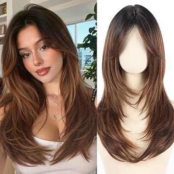 Allbell Long Straight Wigs for Women Brown Highlights Hair with Bangs