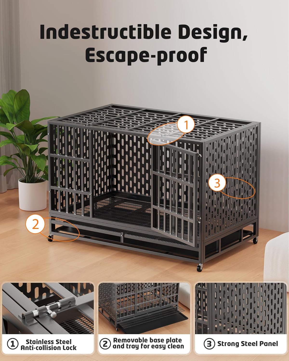 38 Inch Heavy Duty Indestructible Dog Crate Steel Escape Proof, Indoor Double Door High Anxiety Cage, Kennel with Wheels, Removable Tray, Extra Large XL XXL