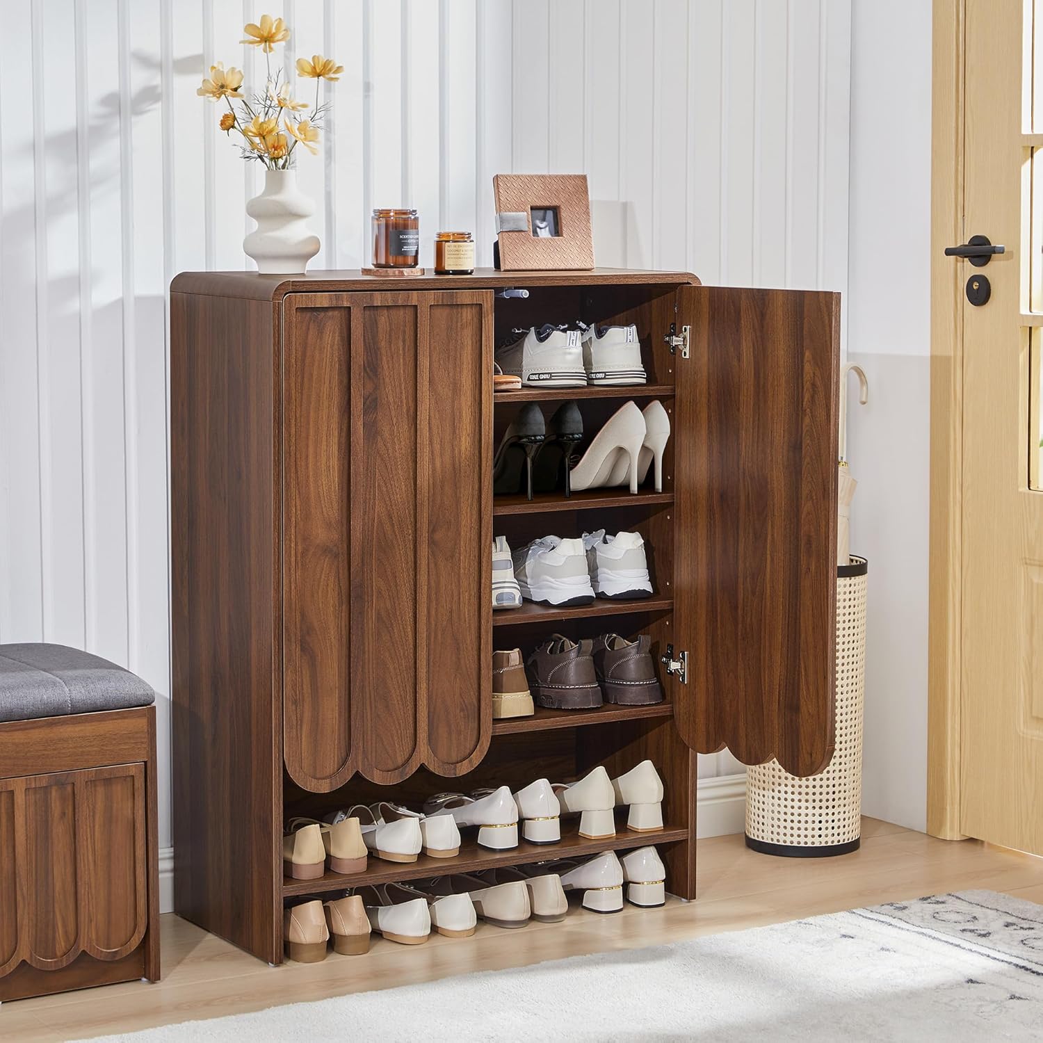 ORRD Shoe Storage Cabinet with Scalloped Doors, 5-Tier Wooden Shoe Cabinet with Adjustable Shelves, Shoes Rack Storage Organizer for Entryway, Hallway, Living Room, Walnut