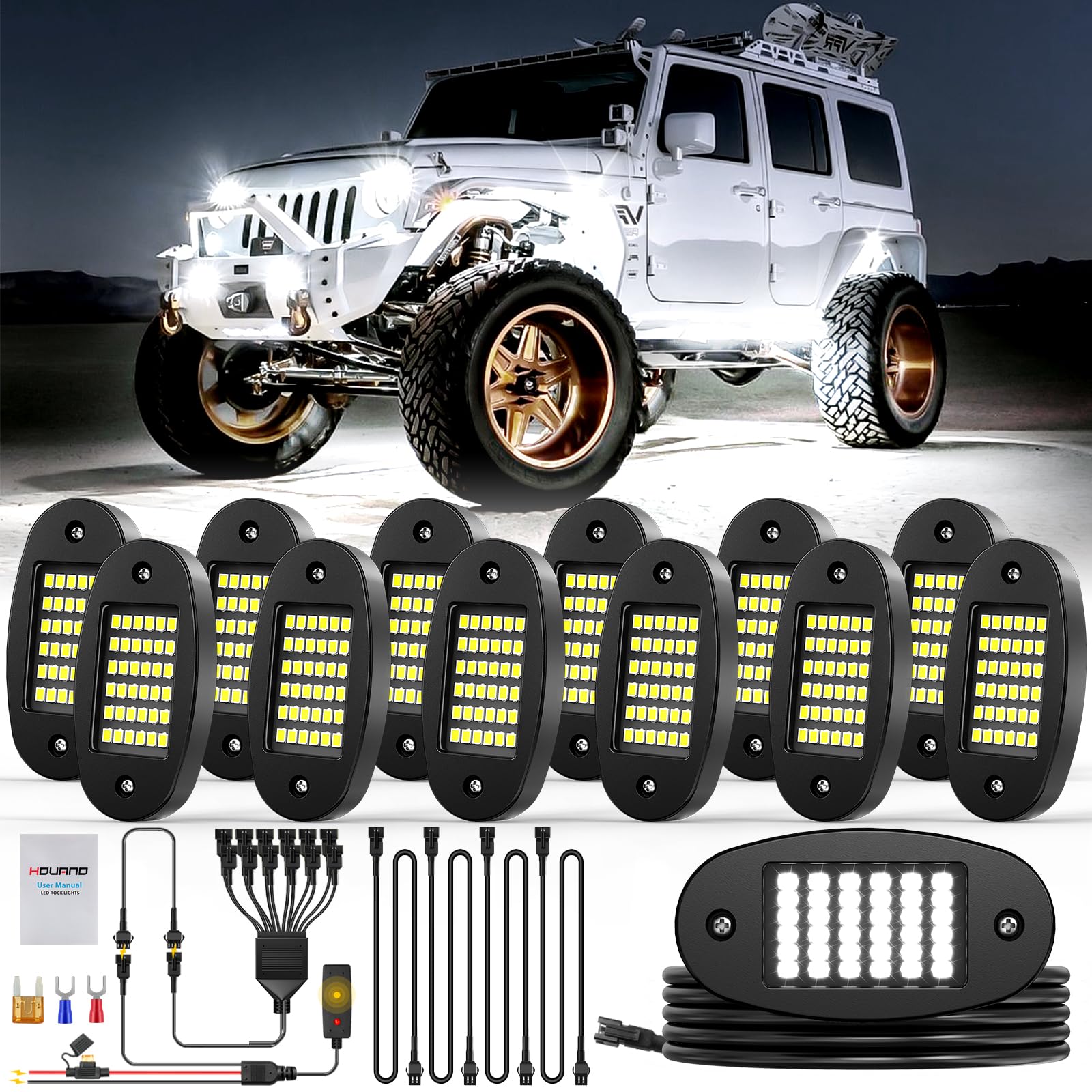 Hovano 12 Pods 6500K Pure White Rock Light Kit with Wired Switch