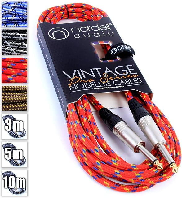 Premium Braided Guitar Cable: 5m / 15ft Mono 1/4 inch Jack Lead for Bass, Electric, Keyboard, Amp etc.