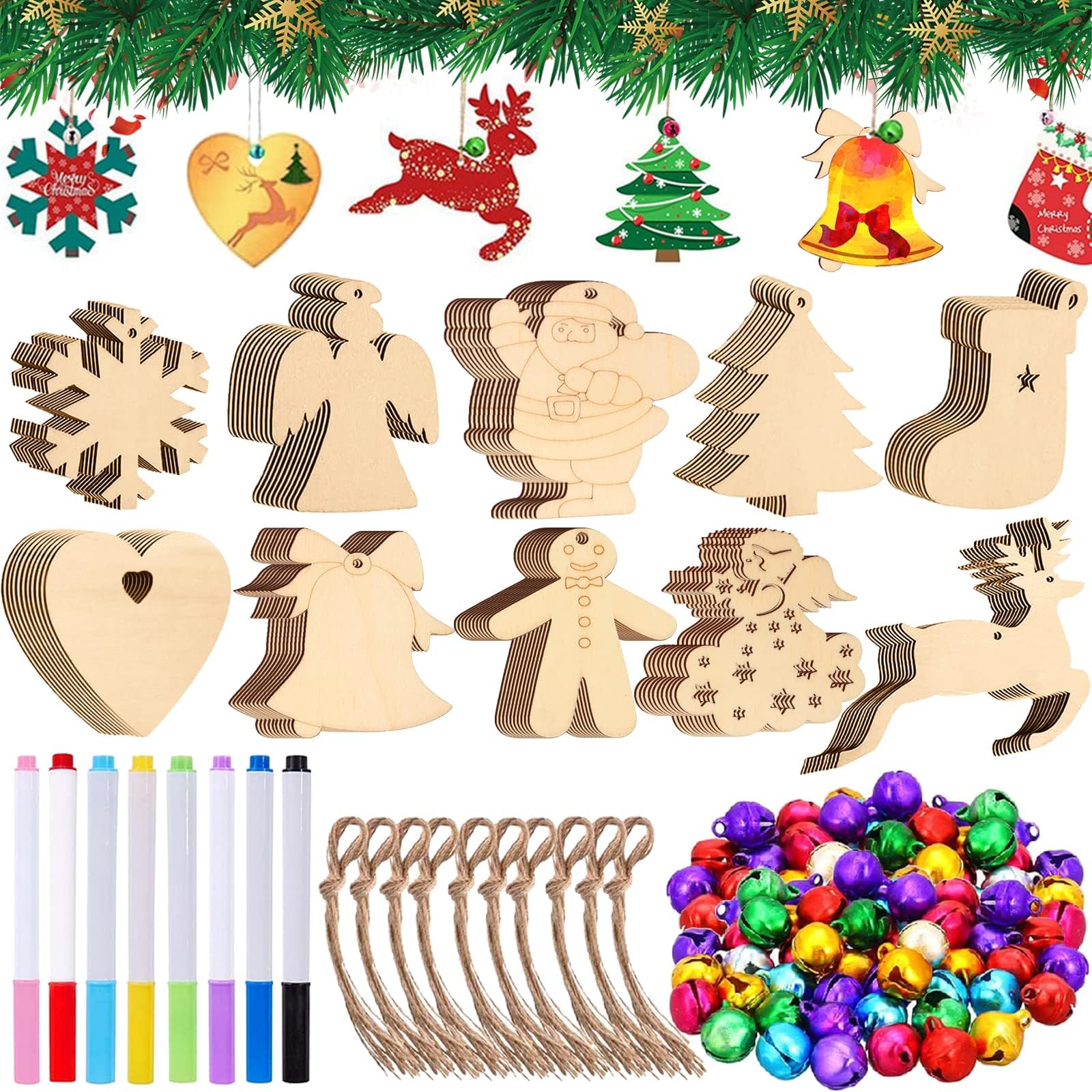 100 Pièces De Décorations De Noël En Bois Brut – Ornements Ronds à Suspendre Avec Corde De Jute, 10 Modèles, Pour Bricolage Créatif Et Décoration D'arbre