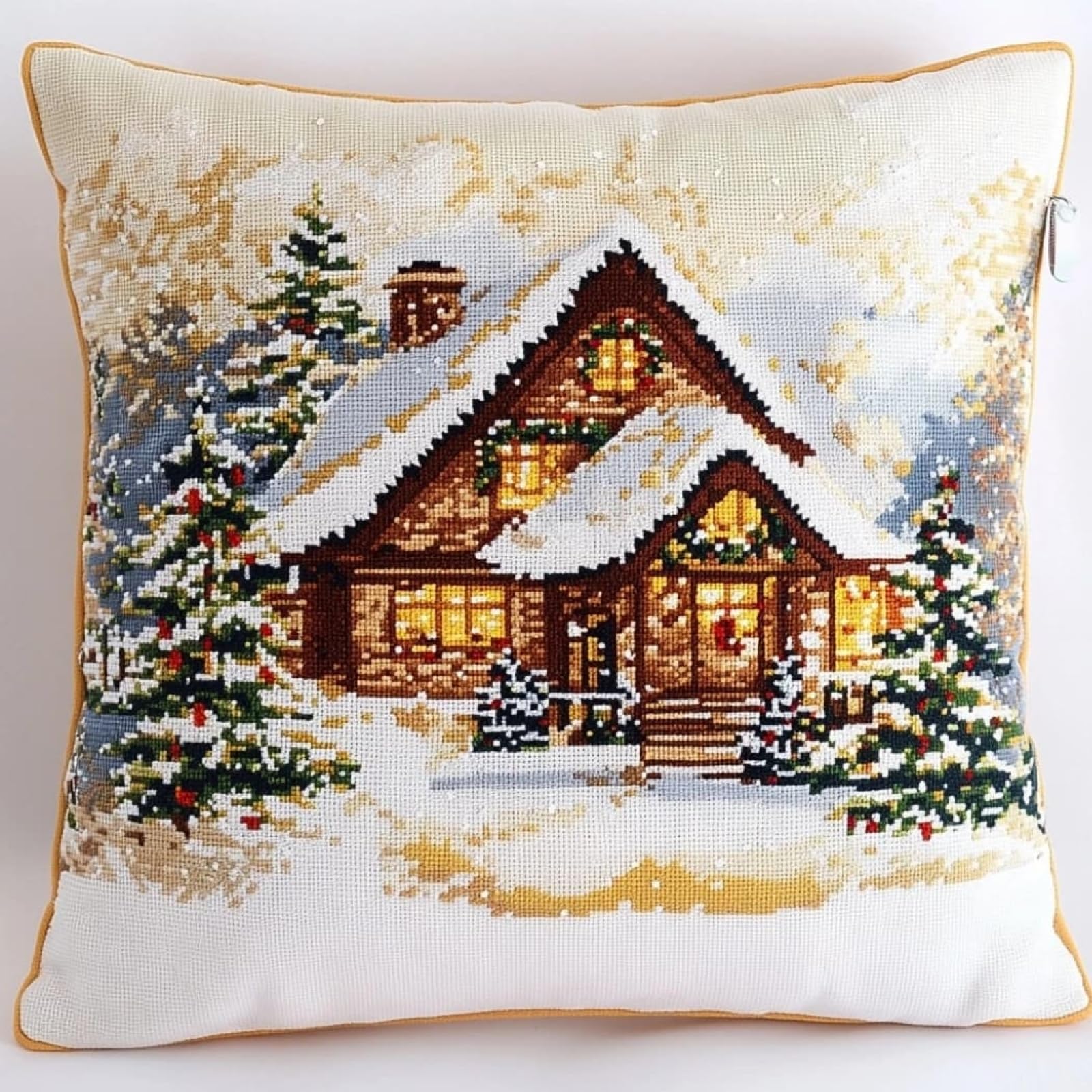 WallustrioaW Cross Stitch Throw Pillow Cushion Kit,Christmas Cottage Needlepoint Craft Set 18x18in Cushion Kit pre Printed Handmade Cushion Cover
