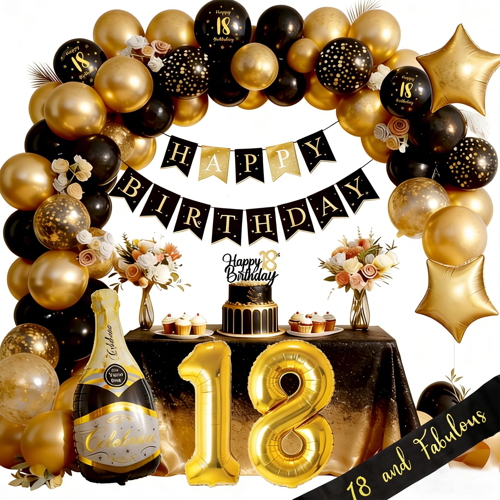 Deko Geburtstag Mann Frauen, Geburtstagsdeko, Schwarz Gold Deko mit Happy Birthday Girlande, Luftballon Männer Geburtstag Dekorationen