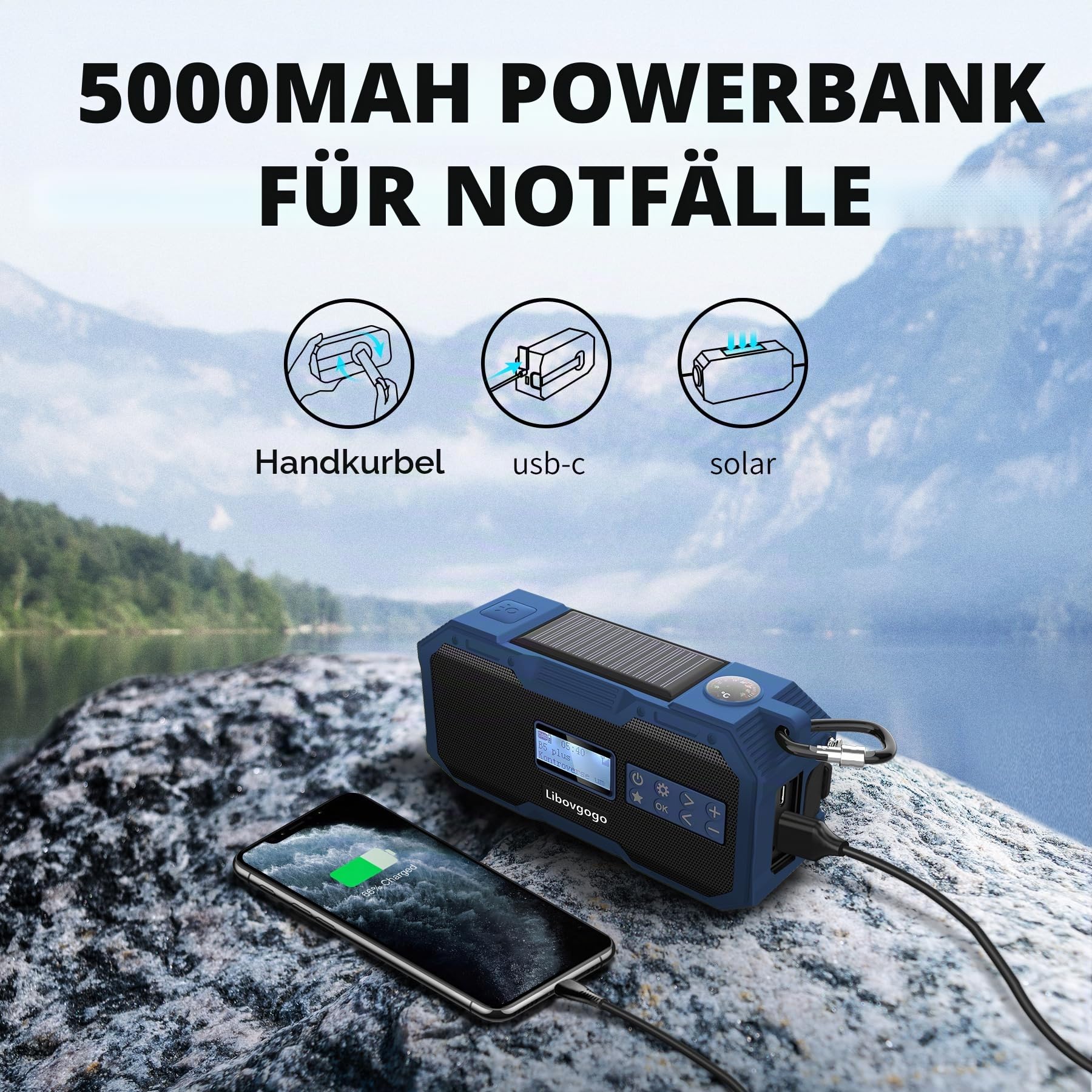 Libovgogo DF-587D Tragbares DAB+ UKW Radio mit wasserdichtem Bluetooth-Lautsprecher, Kurbelradio mit Handyladefunktion Solar, 5000mAh Powerbank