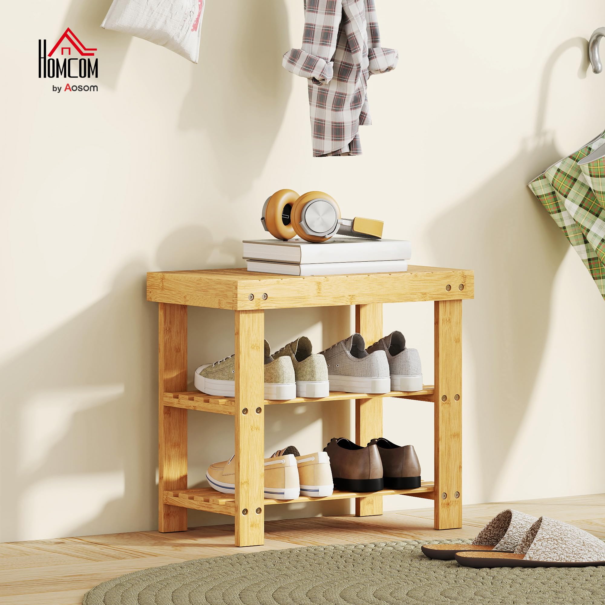 HOMCOM Ławka na buty z siedziskiem i schowkiem 2 półki 70x28x45 Naturalne