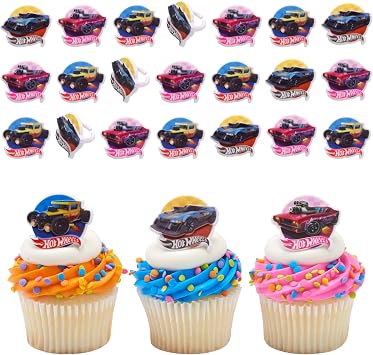 Hot WheelsTM Rings | 24 Epic Stunt Cupcake Toppers | DecoPac Hot Wheels Cars Cake Decorations, Multi-colored, Food Safe & Ready To Use - 24 Pack