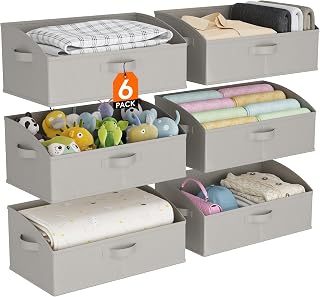 Lifewit 6-Pack Extra Large Trapezoid Closet Storage Bins, 23L Foldable Shelf Organizers with Handles, Light Gray for Clothes, Books, Purses