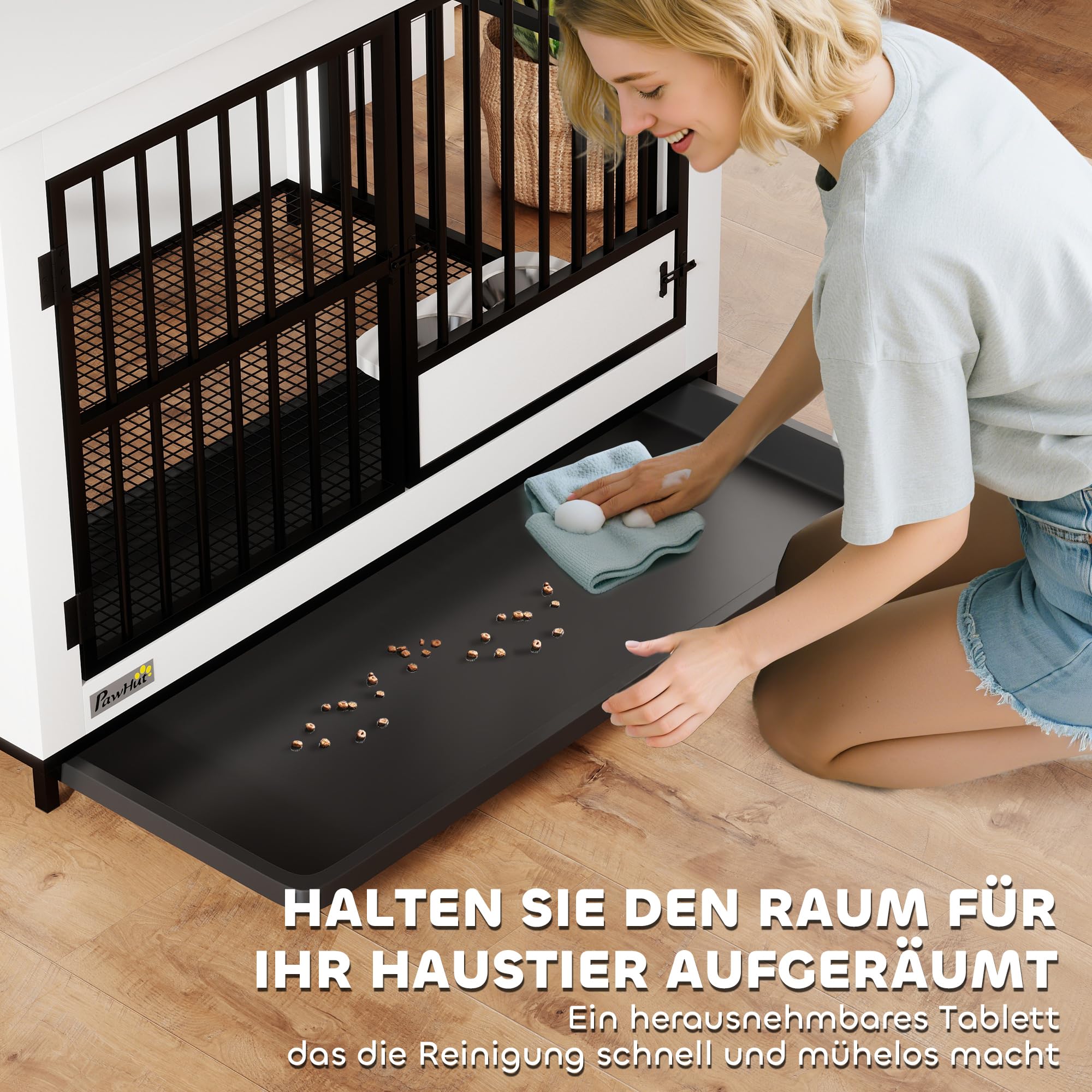 PawHut Hundekäfig Hundebox für Zuhause Abschließbare Hundehütte Indoor mit drehbaren Näpfen, herausnehmbarer Schale für kleine/mittlere/große Hunde Weiß 95 x 60 x 68,5 cm
