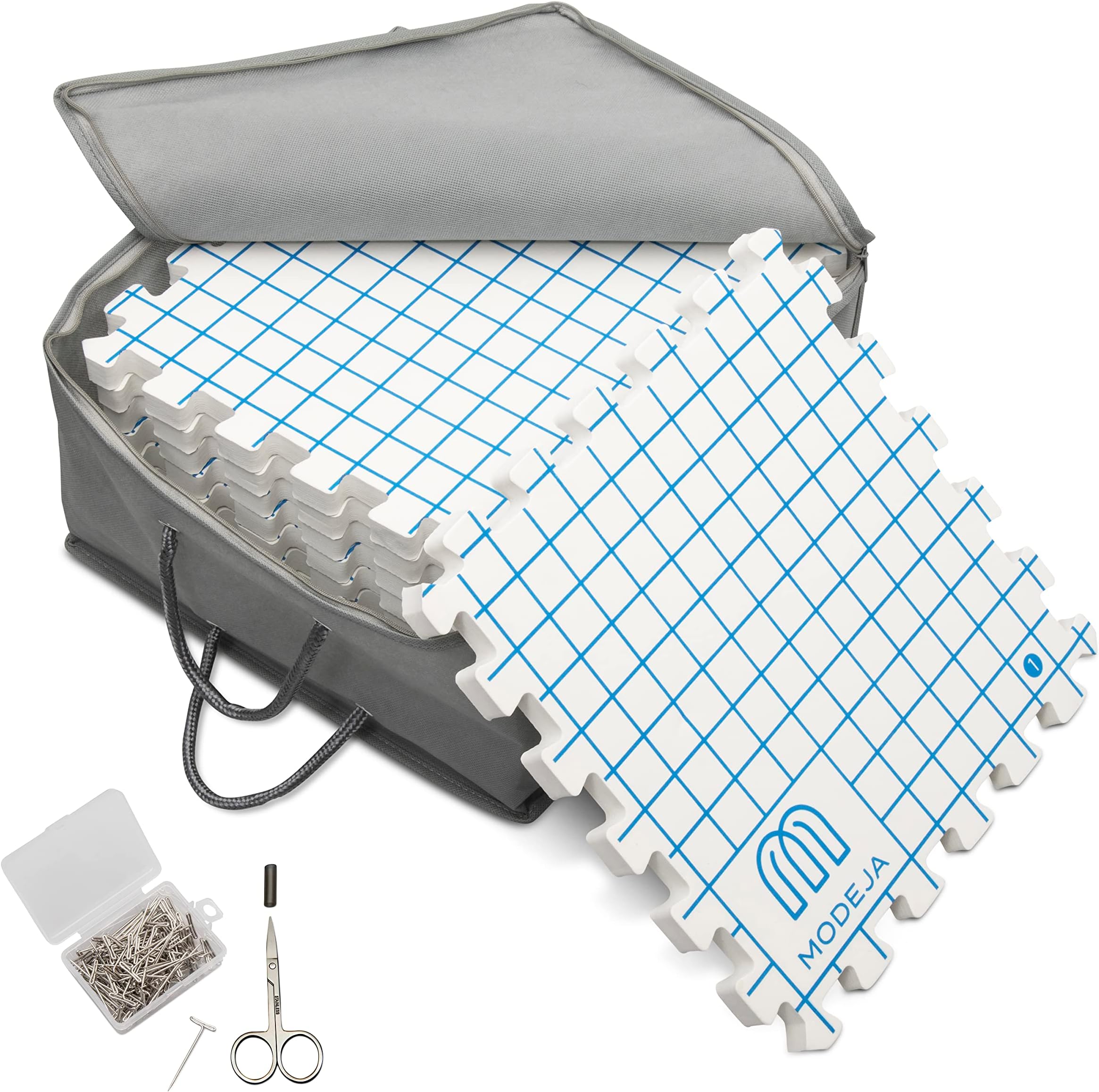 Modeja Blocking Mats for Knitting - 9 Piece - Interlocking Squares with Grids - Perfect Boards for Crochet, DIY, Embroidery, Needlework, Sewing - Craft Room Supply - Complete with Accessory Kit