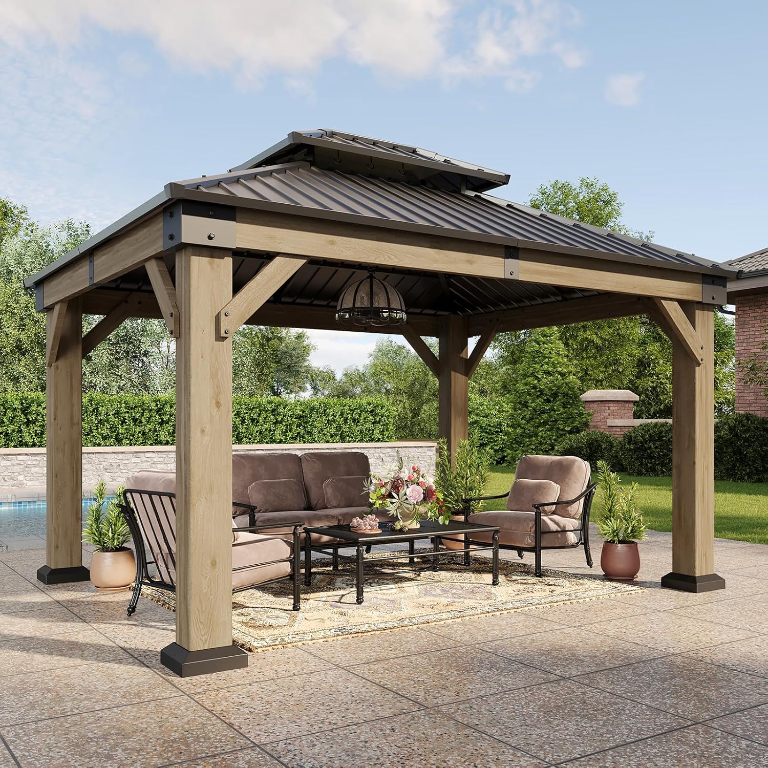 Aoxun 10' x 12' Outdoor Wood Gazebo, Hardtop Gazebo Permanent Wooden Pavilion with Galvanized Steel Double Roof, for Patio, Garden, Deck, Cedar Wood, Grey
