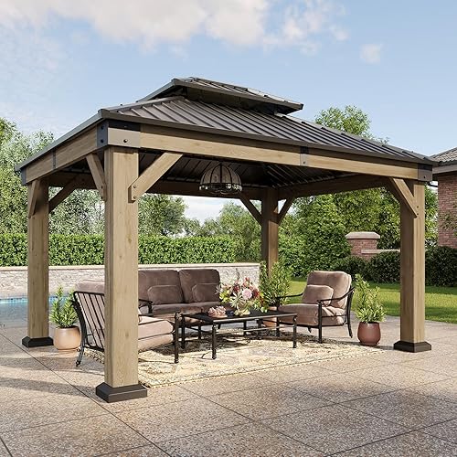 Aoxun 10' x 12' Outdoor Wood Gazebo, Hardtop Gazebo Permanent Wooden Pavilion with Galvanized Steel Double Roof, for Patio, Garden, Deck, Cedar Wood, Grey