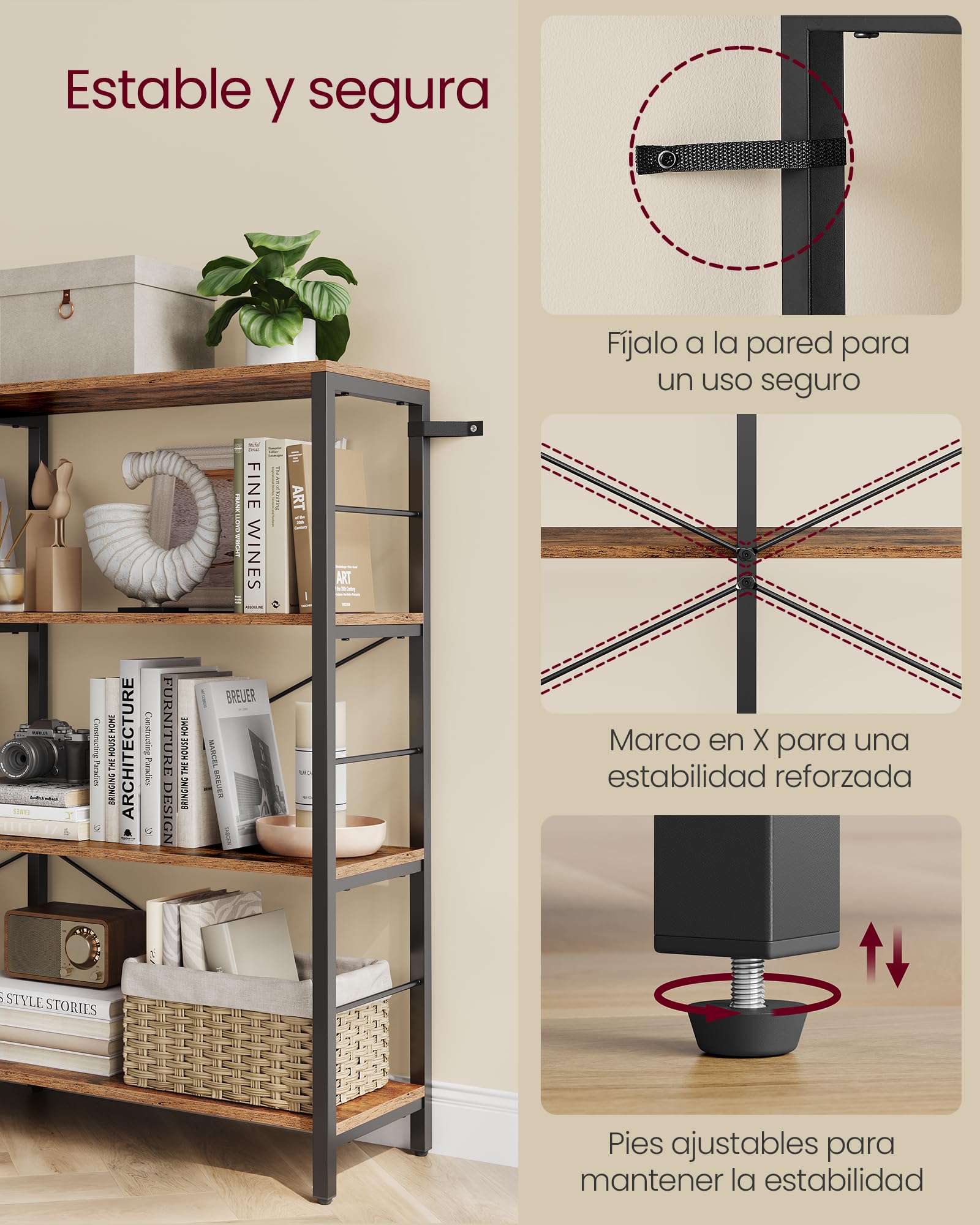 VASAGLE Librería de 4 Niveles, Estantería de Almacenamiento, Separador para Habitación, 30 x 120 x 109,4 cm, Estilo Industrial, Salón, Estudio, Balcón, Cocina, Marrón Rústico y Negro Tinta LLS131K01